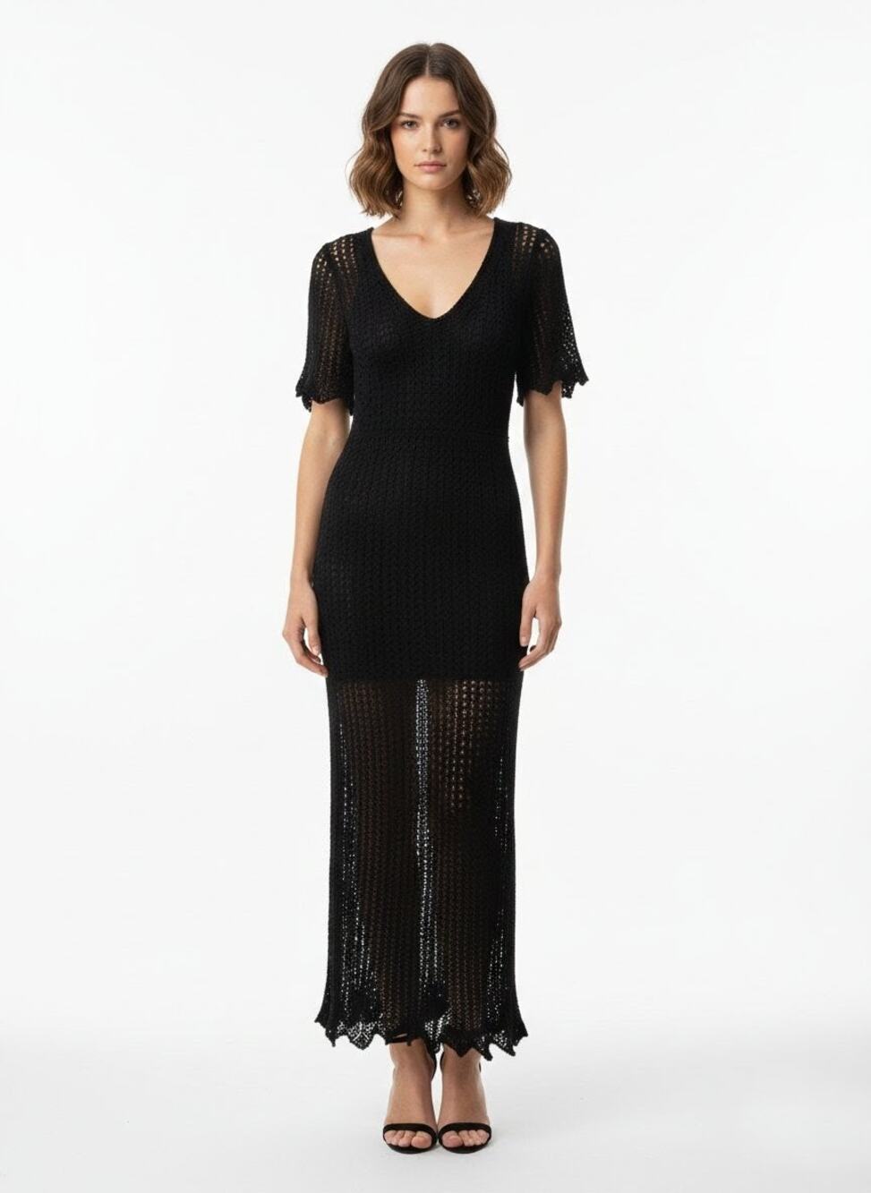 Ralph Lauren Black Label Mesh Short Sleeve Long Dress Morticia Addams Elvira L